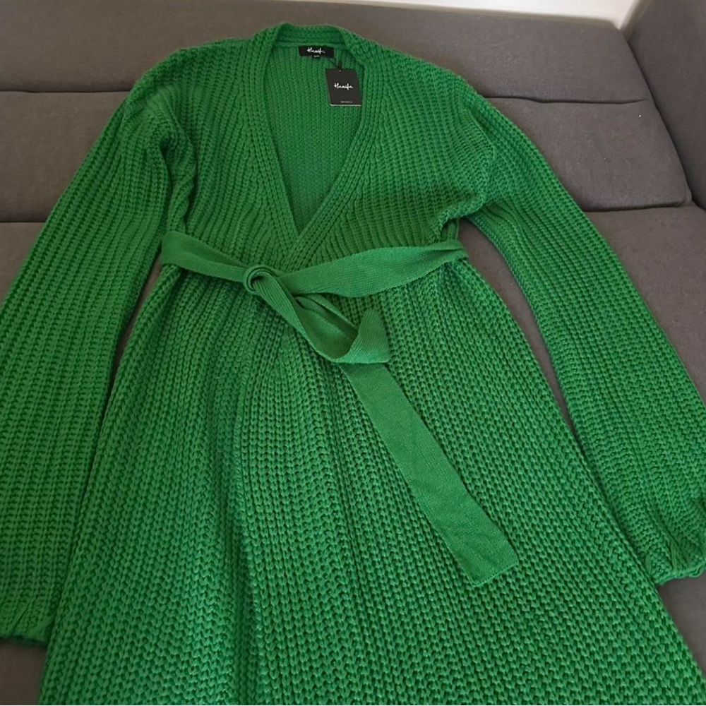 Hanifa Miya Knit Cardigan dress Vibrant Green Long Sleeve Knit Sweater Dress - Picture 4 of 4